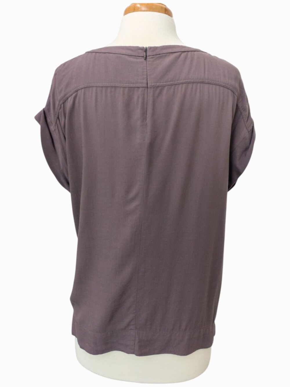 Theory Draped Rayon Top Sz S, Taupe-Mauve, Extended Shoulder Blouse - Picture 5 of 14
